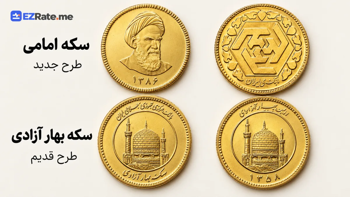 عکس روی و پشت سکهٔ امامی و بهار آزادی کنار هم