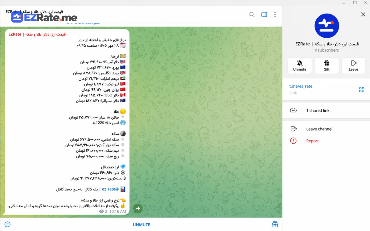 پیام ربات قیمت در یک کانال تلگرام نمونه