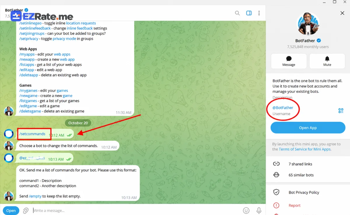 گفت‌وگو با BotFather برای ساخت ربات قیمت ارز