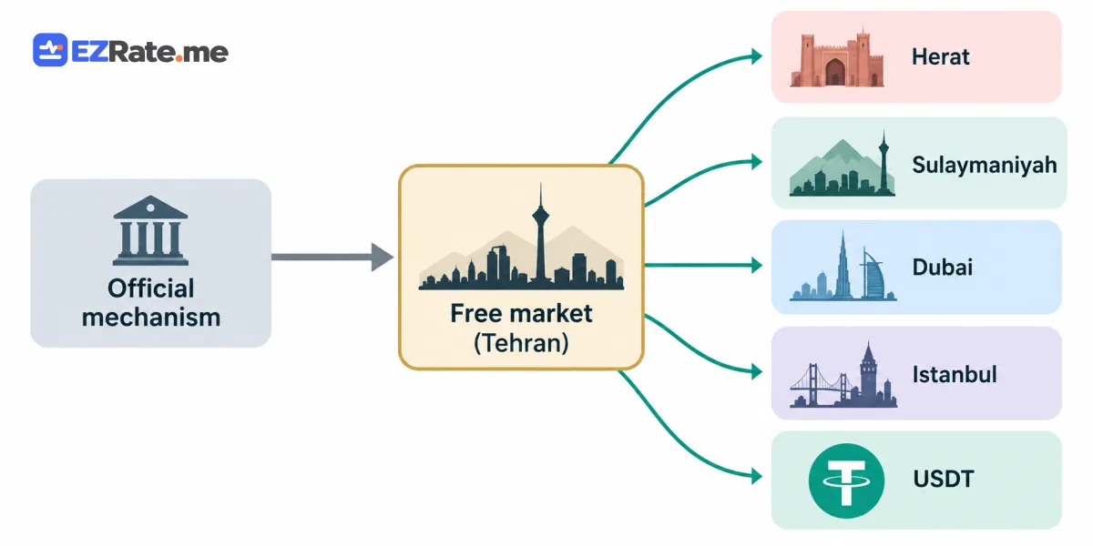 Diagram of Iran’s exchange-rate landscape: official mechanism, Tehran free market, border hubs and USDT
