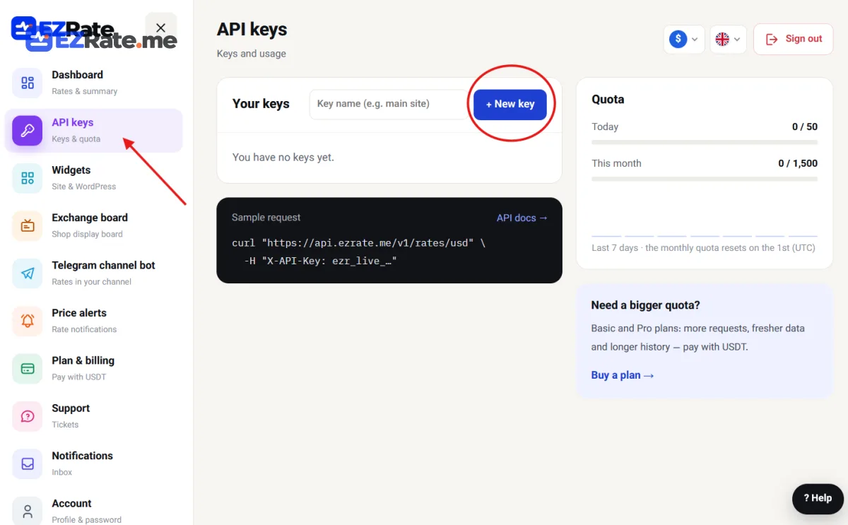 User panel API keys page with the “New key” dialog